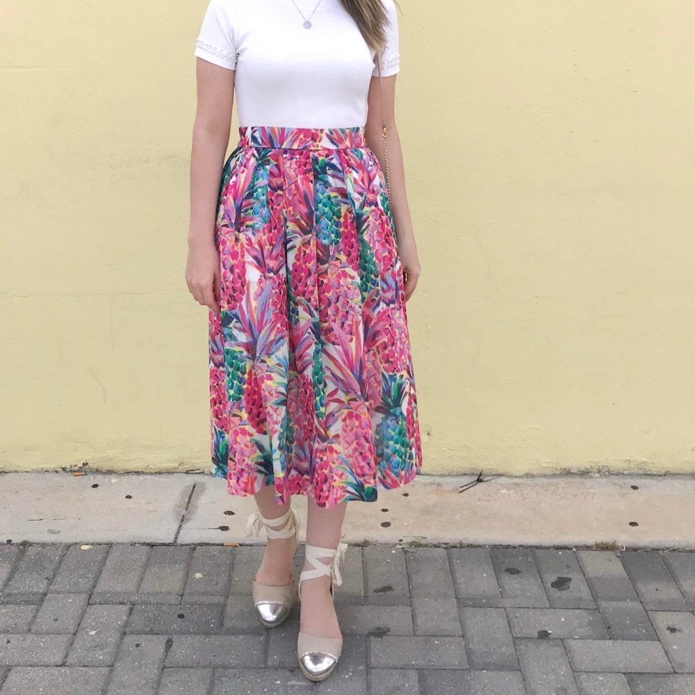 J Crew Colorful Pineapple Print Midi Skirt